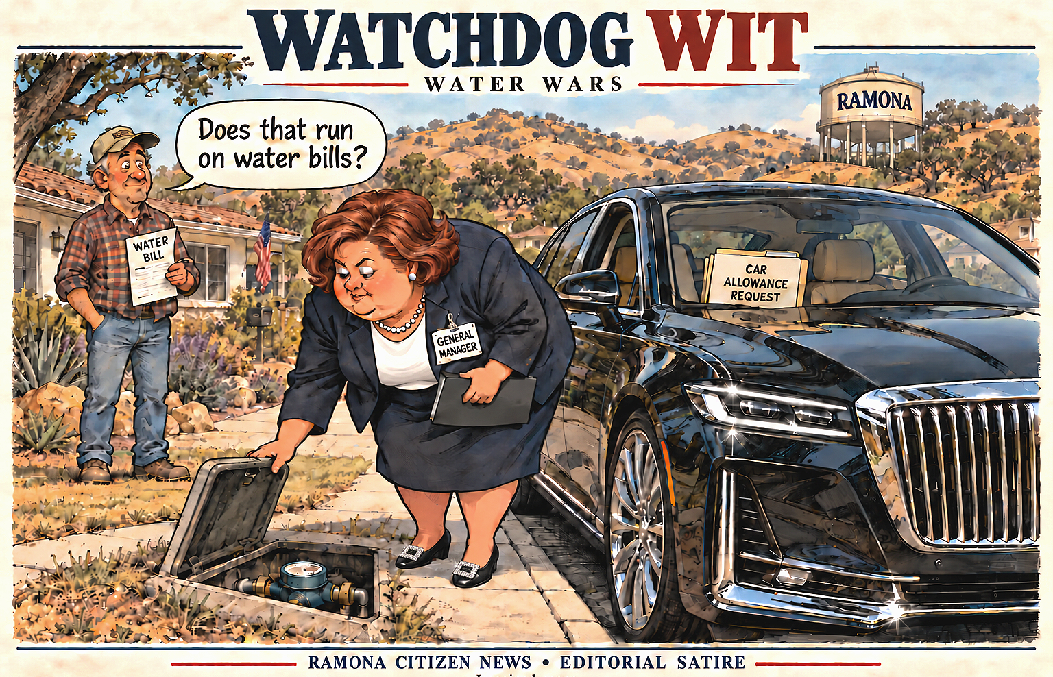 Editorial cartoon: a general manager opens a water meter cover beside a luxury car showing a car allowance request, while a resident holding a water bill asks, 'Does that run on water bills?'